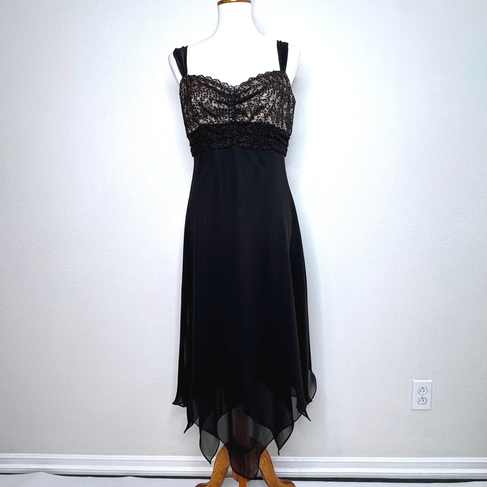 EVAN-PICONE Cocktail Midi Dress 10 Black Handkerchief Hem Sleeveless Party Lace